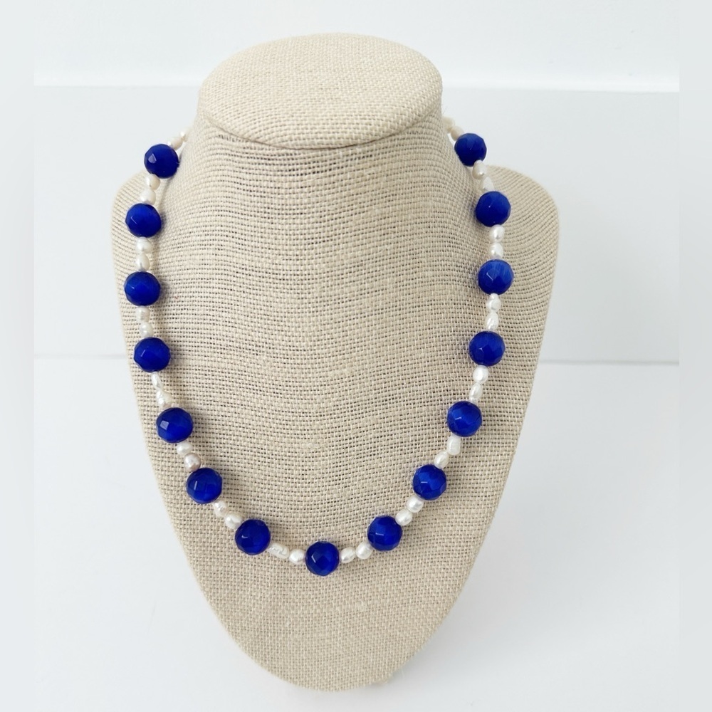 NWT Genuine Lampwork Glass & Pearls Necklace Beaded Blue White